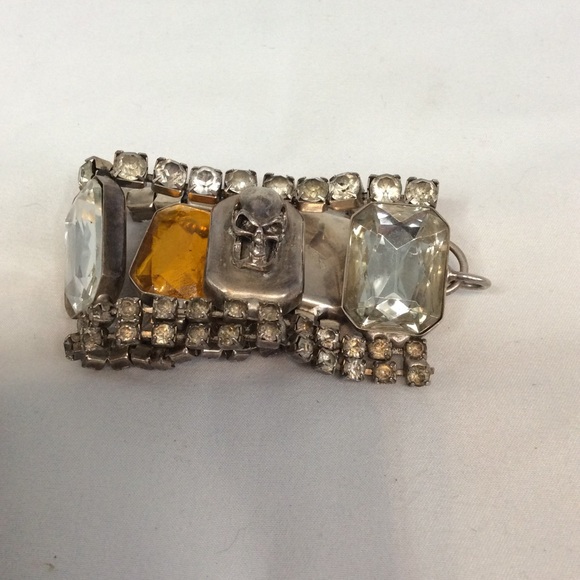 VINTAGE METAL SKULL ORANGE RHINESTONE BRACELET - Picture 10 of 12